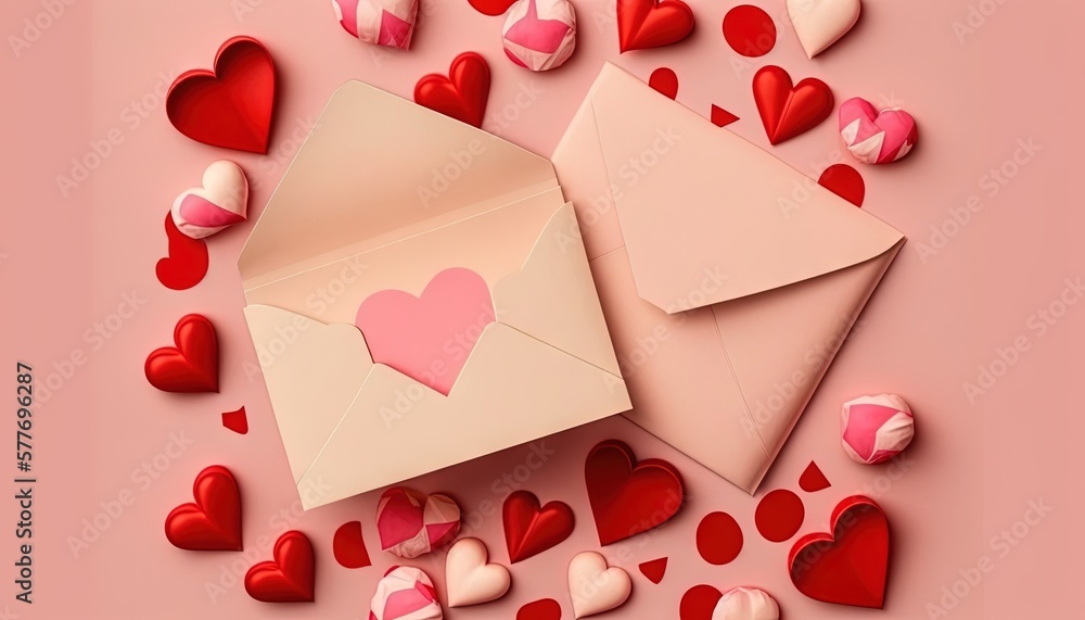  a pink envelope with a heart on it surrounded by hearts.  generative ai