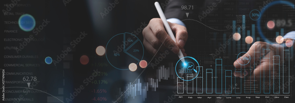 Business data analysis, market research concept. Businessman using tablet with financial graph growth chart, analyzing business data and marketing research, financial report. Business data analysis, market research concept. Businessman using tablet with financial graph growth chart, analyzing business data and marketing research, financial report.