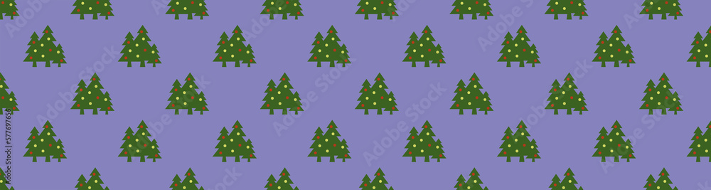pattern. Image of green Christmas trees with balls on pastel blue purple backgrounds. Symbol of New Year and Christmas. template for overlaying on surface. Horizontal image. 3d image. 3d rendering