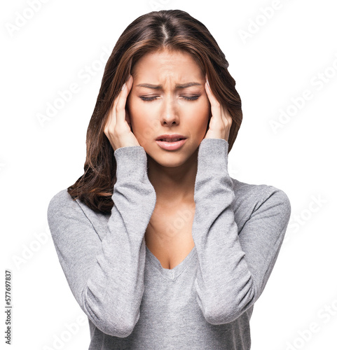 Young beautiful woman has headache isolated cutout PNG on transparent background