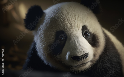 Cute Panda Bear in a bamboo forest. Shallow field of view. Illustrative Generative AI.