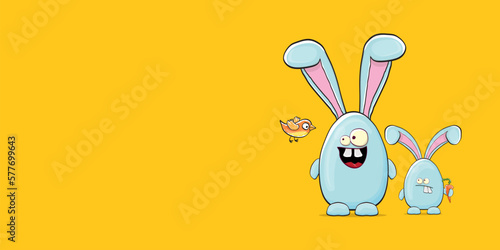 Cartoon funny cartoon blue easter bunny holding orange carrots isolated on orange horizontal banner background. Easter hand drawn blue cute rabbit sticker or label