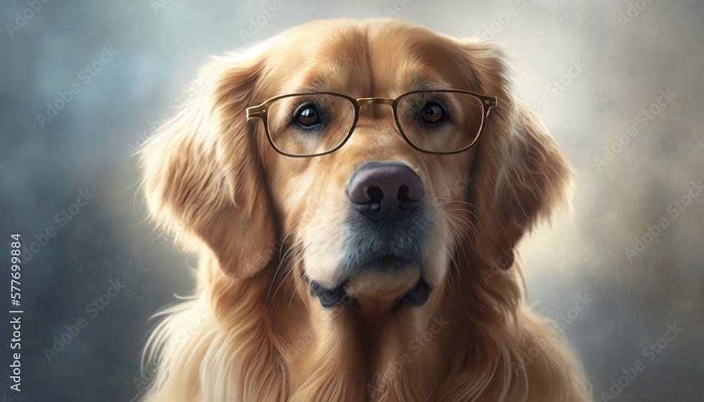 Golden retriever wearing glasses portrait studio - generative ai