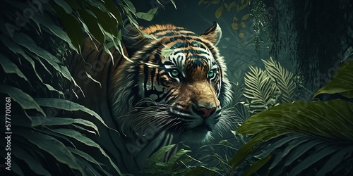 Portrait of a tiger background lush, jungle. generative ai © Oleksandr