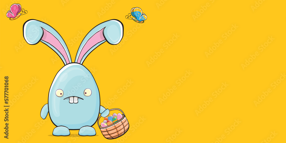 Obraz premium Cartoon funny cartoon blue easter bunny holding easter backet with full of colorful easter eggs isolated on orange horizontal banner background. Easter hand drawn blue cute rabbit sticker or label