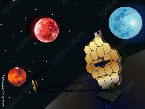 vector illustration depicting a modern telescope and planets in space for prints and design of postcards, banners, interiors and posters in the style of space exploration