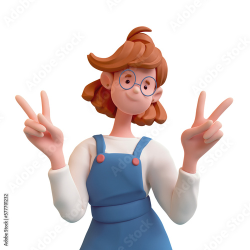 Portrait of cute asian red-haired k-pop girl in fashion clothes blue overalls, t-shirt shows fingers doing peace sign victory symbol number two, successful person. 3d render isolated transparent