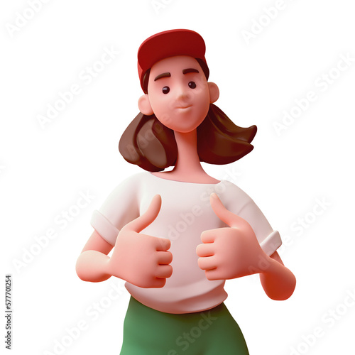 Portrait of cute tall kawaii excited casual asian brunette k-pop girl in fashion clothes green pants, t-shirt, cap showing thumb up hand gesture good job respect. 3d render isolated transparent