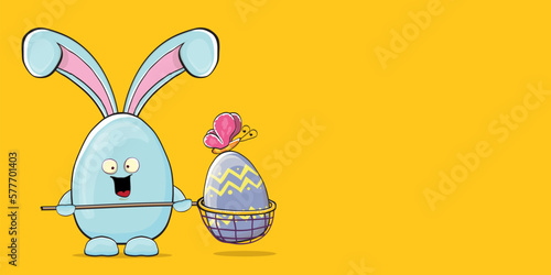 Cartoon funny cartoon blue easter bunny holding butterfly net full of colorful easter eggs inside isolated on horizontal banner pink background. Easter hand drawn blue cute rabbit sticker or label