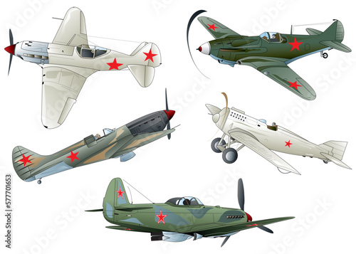 5 types of world war 2,  Russian single propeller fighter plane collection. (vector. eps. png. jpeg)		