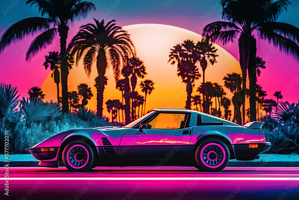 Illustration of a 80s style vaporwave retro futuristic supercar in a blue and pink neon cyber digital Miami city .Generative AI	
