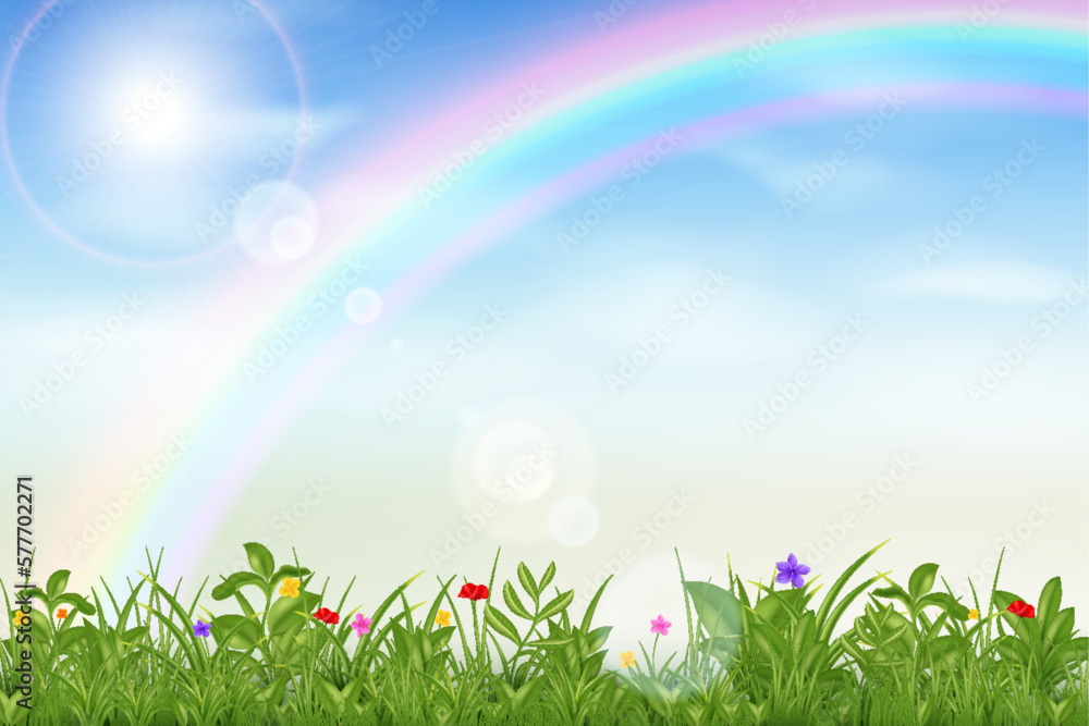 Realistic sky clouds, grass garden. Spring green lawn, blue air with clouds and rainbow, bright sun, outdoor environment, rural park or field. Meadow landscape. Vector illustration background