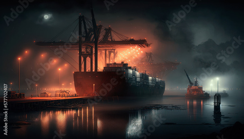 seaport with container ships and cargo cranes on a foggy night, generative ai