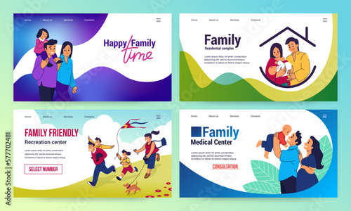 Happy family landing page. Insurance website design. Medicine and healthcare. House for people with children. Traveling for parents and kids. Online banners set. Vector template concept