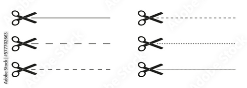 Scissors cut line vector set. Cut along dotted lines.  Vector illustration. EPS 10