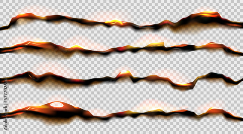 Burning paper frame, hot fire. Smouldering parchment edges, uneven black broken sheets, burnt flame. Scrapbook grunge texture. Vector realistic elements isolated on transparent background