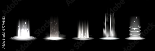 Line hologram tunnel, lightly podium. Glow round power-up effect, white tech aura, light beam technology. Circle fantasy digital energy hole tunnel. Vector realistic rays, 3d elements set