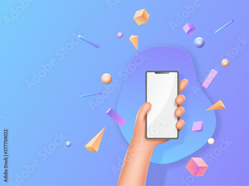 Smartphone kant, person hands hold phone with white blank screen, advertisement template. Man handful with mobile, online information, handle render, message concept. Vector cartoon people