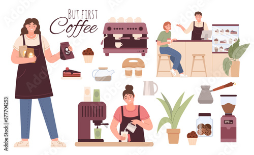 Coffee shop barista set, cafe business. Bar station, milk and bean store, place with hot chocolate. Cartoon flat characters. Man and woman have breakfast. Vector illustration concept