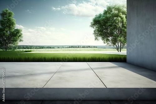 Slika na platnu Modern concrete floor surface with natural view, generative ai image creation