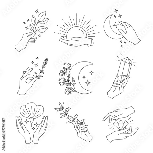 Simple hand logo, boho emblems, esoteric logotype design. Magic feminine touch, delicate crystals, star and flowers, clean monogram for jewelry label. Line elements. Vector design symbols set