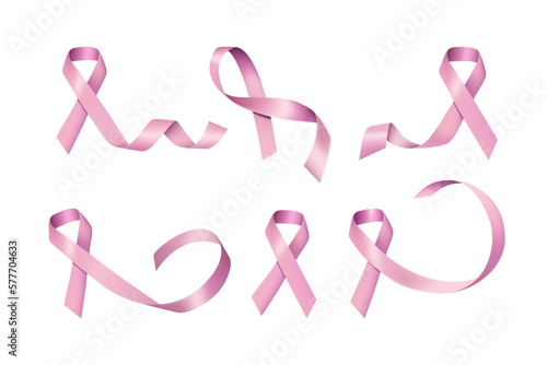Breast cancer. Ribbon curls. Girls card. Silk woman krebs objects. Cancerous life. Awareness bow symbol. Charity campaign. Bust disease. Realistic satin loop tapes set. Vector 3D concept