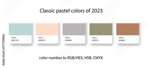 Classic pastel colors palette of 2023. Trend color guide collection in RGB, CMYK. Bright color set for fashion, home interior, design.