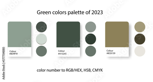 Green colors palette of 2023. Trend color guide collection in RGB, CMYK. Color set for military, fashion, home interior, design.
