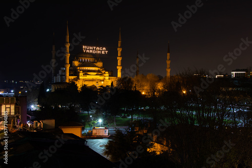Sultan Ahmed Square and Blue Mosque at night time in Istanbul - Turkey. Ramadan Kareem.