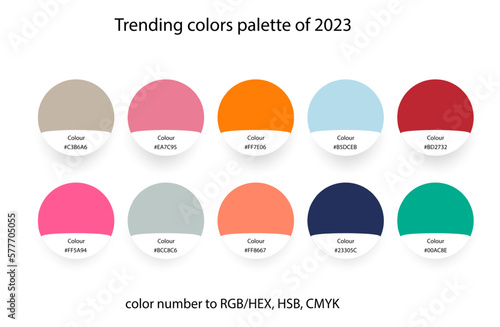 Trending colors palette of 2023 in RGB. Trend color guide collection. Bright color set for fashion, home interior, design.