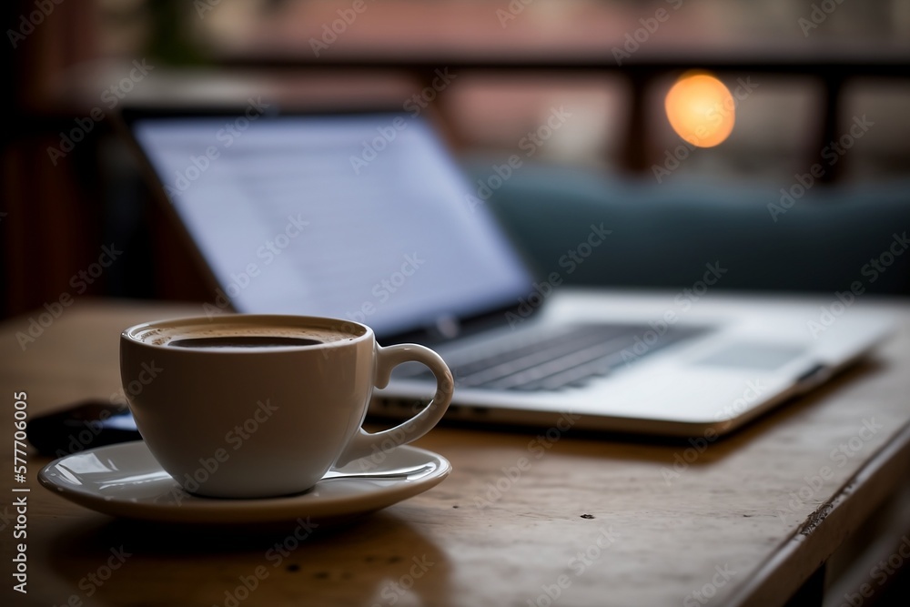 Capture the cozy ambiance of a coffee shop with a stunning close-up shot of a table adorned with a notebook, laptop, and a steaming cup of coffee, all set against a beautifully blurred background Capture the cozy ambiance of a coffee shop with a stunning close-up shot of a table adorned with a notebook, laptop, and a steaming cup of coffee, all set against a beautifully blurred background