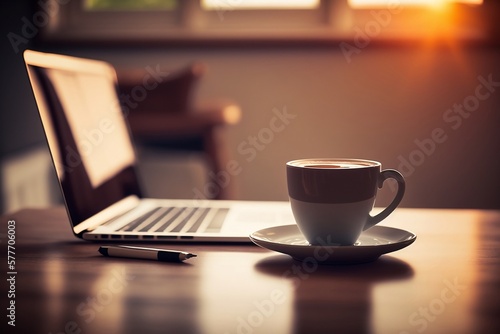 Capture the cozy ambiance of a coffee shop with a stunning close-up shot of a table adorned with a notebook, laptop, and a steaming cup of coffee, all set against a beautifully blurred background