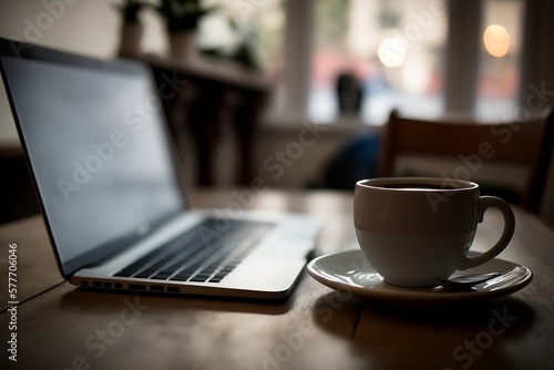 Capture the cozy ambiance of a coffee shop with a stunning close-up shot of a table adorned with a notebook, laptop, and a steaming cup of coffee, all set against a beautifully blurred background