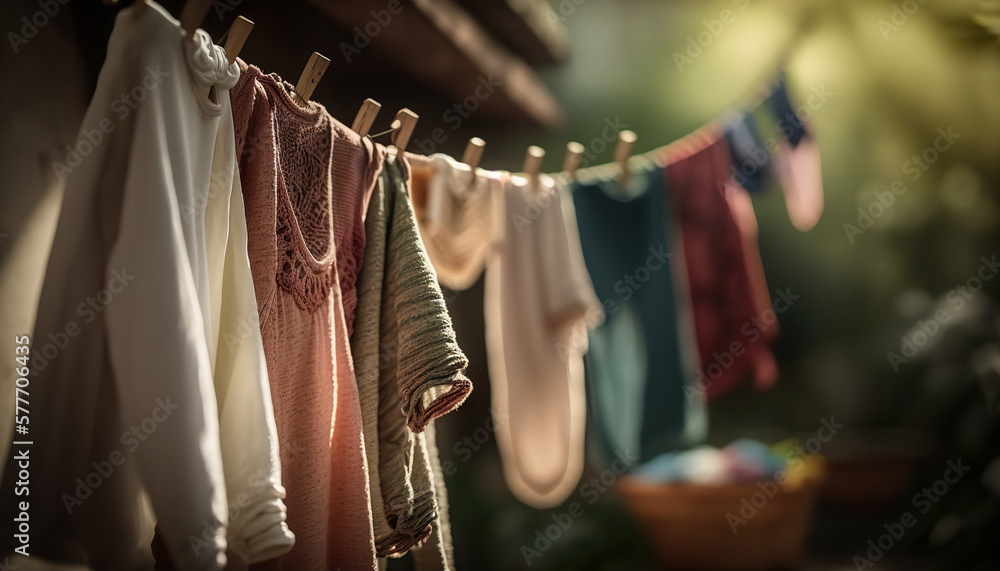 Washed clothes on clothesline drying on rope outside. Outdoor background. AI generative image.