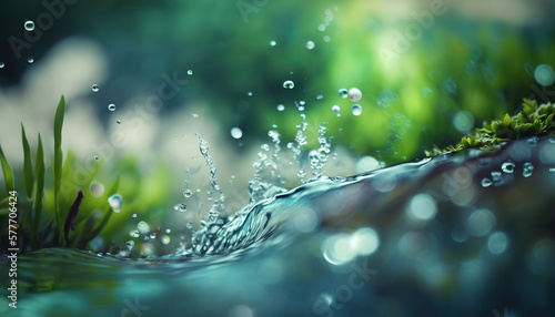Beautiful spring detailed close up stream of fresh water with young green plants. Horizontal banner, springtime concept. Abstract outdoor wild nature background. AI generative image.