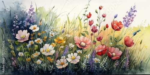 Meadow full of flowers. Watercolor painting. Generative AI art.