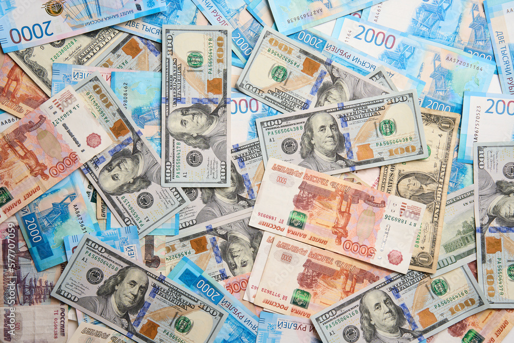 Dollar and Ruble money background, close-up Dollar and Ruble money background, close-up