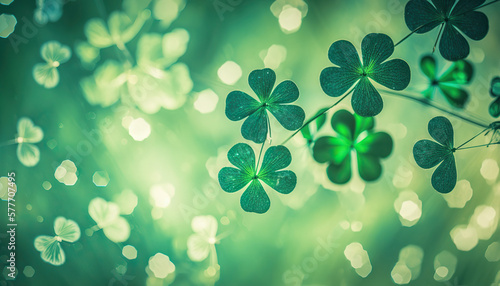 Lucky green four leaf clover, st. Patrick's day background with copy space. Horizontal greeting banner template. AI generative image.