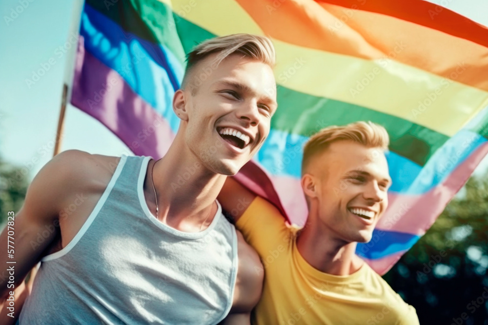 Gorgeous young men having fun in a summer day showing lgbt flag. generative ai Gorgeous young men having fun in a summer day showing lgbt flag. generative ai