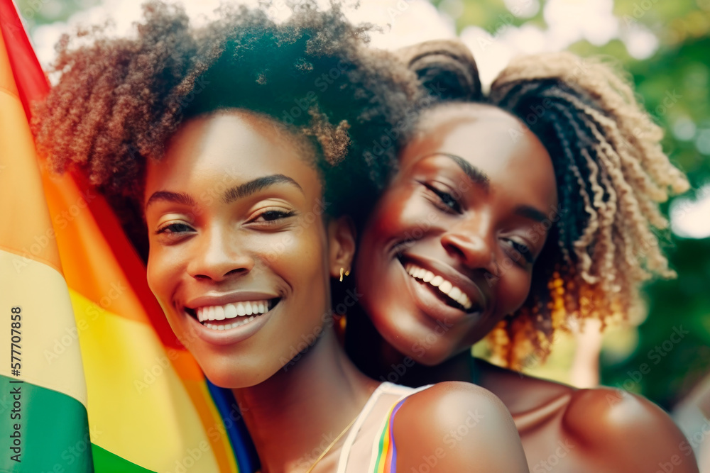 Gorgeous young afro women having fun in a summer day showing lgbt flag. generative ai