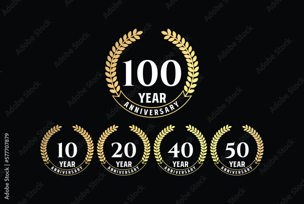 Fototapeta premium Golden Elegant Luxury 10 20 40 50 100 Years Anniversary Badge Emblem Label Design Vector
