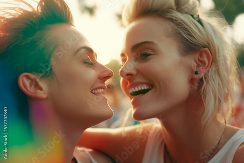 Excited Lesbian Couple Enjoys Each Other's Company While Celebrating Pride. generative ai