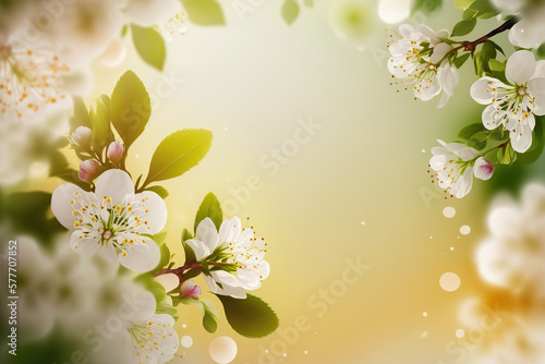 Springtime background with beautiful blossom tree branch. Horizontal spring floral banner with copy space. Greeting card template. AI generative image.