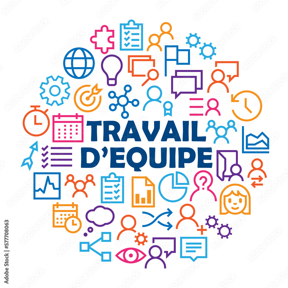 TRAVAIL D'EQUIPE avec icônes vecteur dans un cercle sur fond blanc TRAVAIL D'EQUIPE avec icônes vecteur dans un cercle sur fond blanc