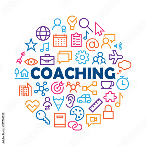 COACHING with colorful related icons arranged in a circle on white background