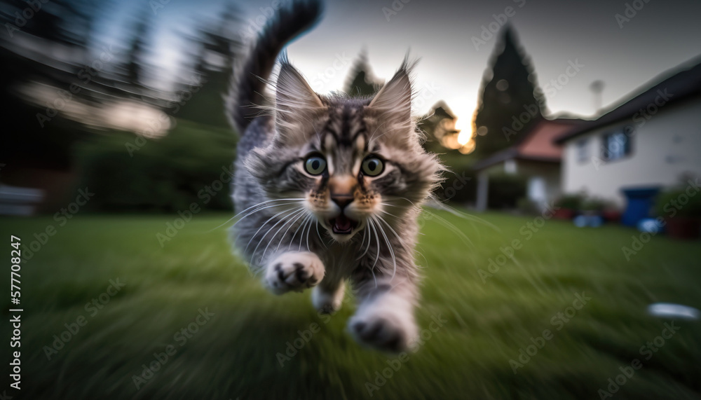 Cute and funny cat running towards camera, motion blur effect. Outdoor