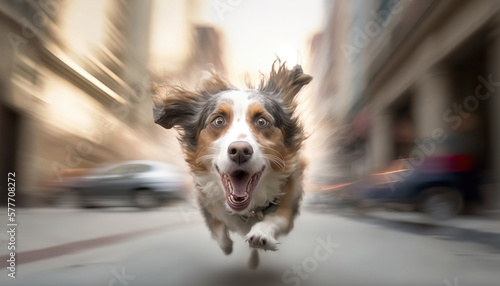 Adorable excited dog running towards camera in big city, slow motion freeze frame. AI generative image. © vlntn