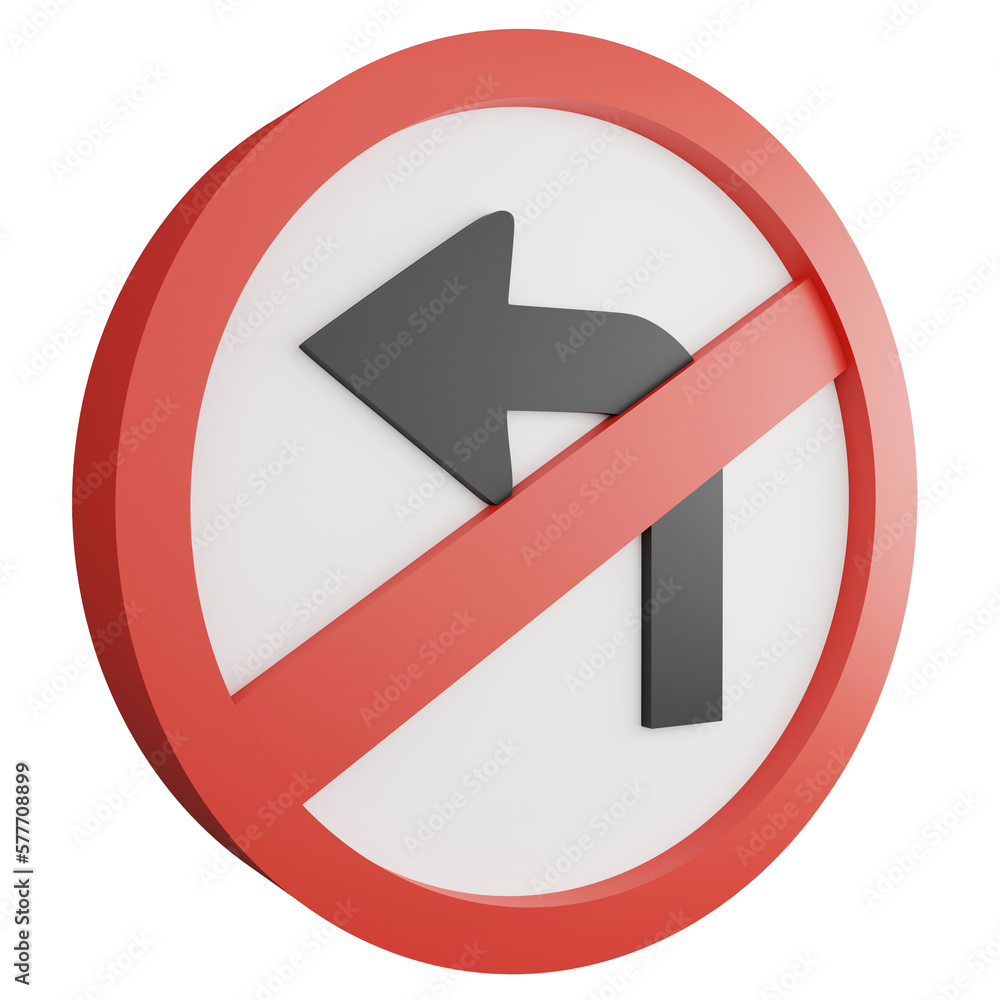 3D render no left turn sign icon isolated on transparent background, red mandatory sign 3D render no left turn sign icon isolated on transparent background, red mandatory sign