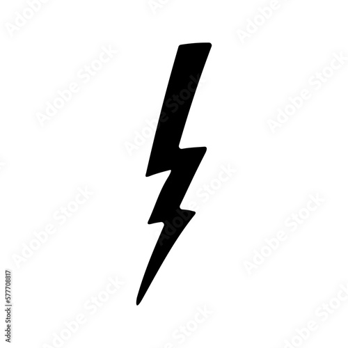 Hand drawn electric lightening element. Comic doodle sketch style. Thunderbolt for flash, energy concept icon. Vector illustration