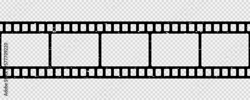 Film strip seamless pattern. Repeated black filmstrip on transparent background. Element for design old video film format. Repeating clipping reel movie. Photo frame strips tape. Vector illustration